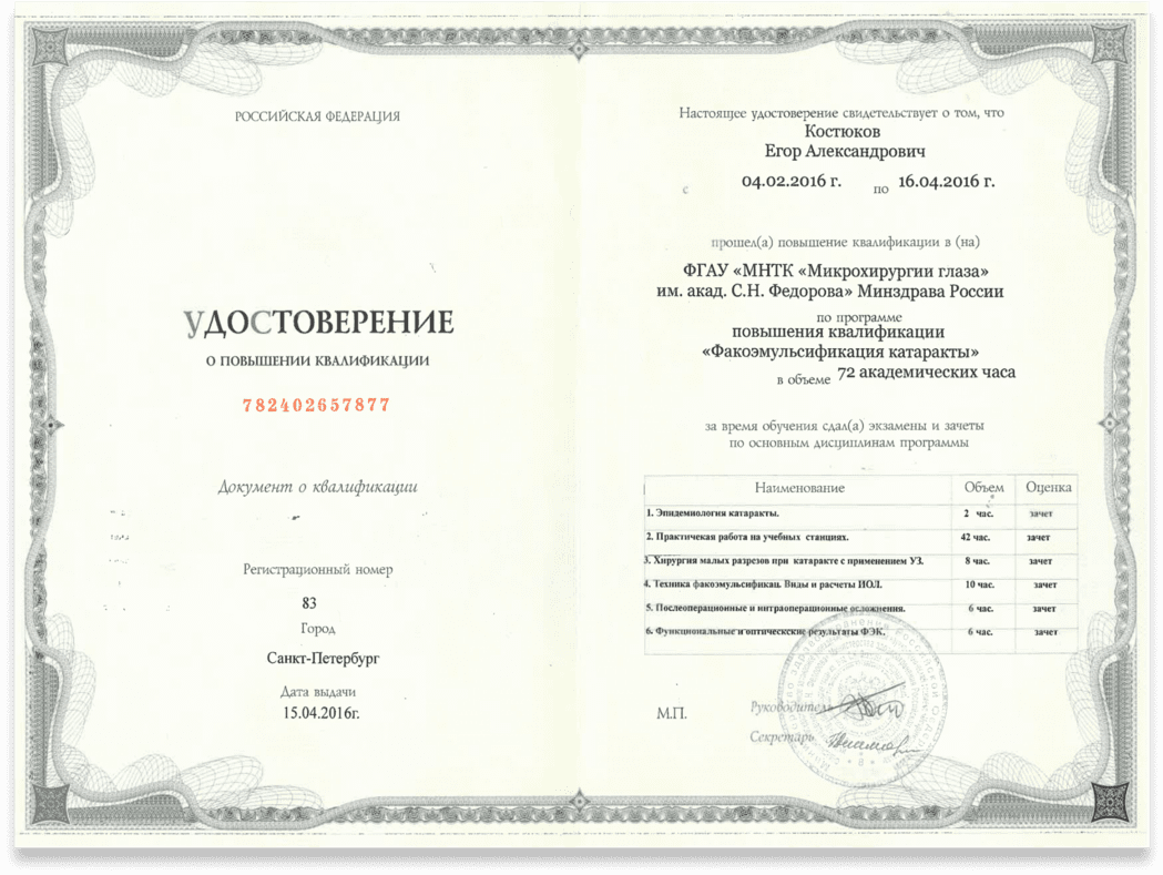 Диплом и сертификат  Костюков Егор Александрович